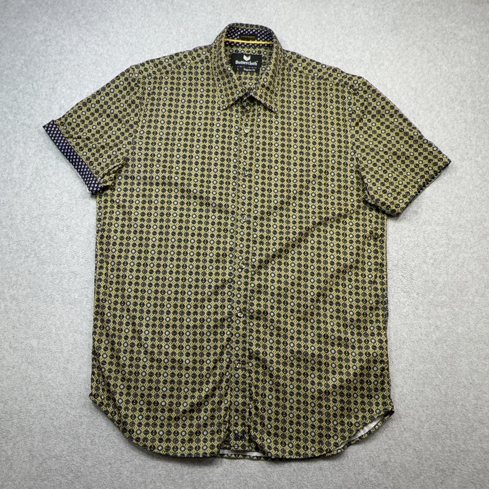 Buttercloth Robert Herjavec Shirt Mens Large Yellow Aviation Print Gauges